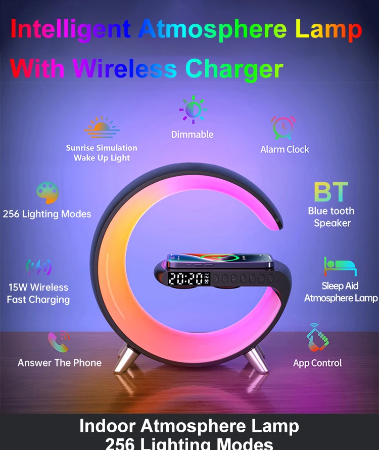 Wireless Charger Stand with RGB Night Light, Bluetooth Speaker, Handsfree, Call, Alarm, TF, Fast Charging Station for iPhone, Samsung, 15W